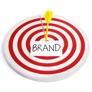 A red and white target with the word 'brand.'